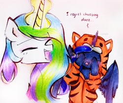 Size: 2744x2296 | Tagged: safe, artist:liaaqila, imported from derpibooru, princess celestia, princess luna, alicorn, big cat, pony, tiger, animal costume, blushing, clothes, costume, covering eyes, cute, cutelestia, dialogue, duo, embarrassed, eyes closed, glowing, glowing horn, hoodie, horn, kigurumi, laughing, lunabetes, onesie, open mouth, pajamas, spread wings, traditional art, wings
