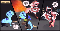 Size: 12484x6574 | Tagged: safe, artist:arwencuack, imported from derpibooru, oc, oc only, oc:nekonin, oc:sky gamer, alicorn, bug pony, dracony, dragon, hybrid, insect, semi-anthro, alicorn oc, clothes, comic, commission, cute, dress, funny, horn, wings