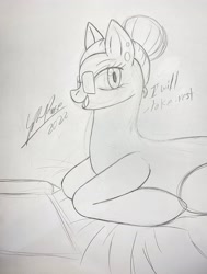 Size: 1546x2048 | Tagged: safe, artist:kely_chan, imported from derpibooru, oc, oc only, glasses, lying, pencil drawing, ponyloaf, prone, solo, traditional art