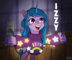 Size: 1200x1003 | Tagged: safe, artist:uotapo, imported from derpibooru, izzy moonbow, pony, unicorn, blush sticker, blushing, clothes, clothes swap, cloud, crossover, cute, disney, female, g5, glowing, gravity falls, heart, hoof heart, izzybetes, lights, mabel pines, mare, open mouth, plug, rainbow, signature, smiling, solo, stars, sweater