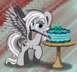 Size: 3300x3100 | Tagged: safe, artist:hisp, imported from derpibooru, oc, oc only, oc:silver edge, pegasus, pony, birthday, cake, commission, cute, fake blood, female, food, jelly, knife, long hair, pegasus oc, simple background, solo, spread wings, table, wings