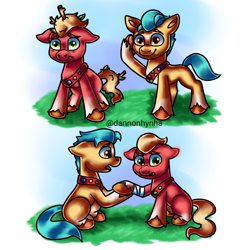 Size: 1378x1378 | Tagged: safe, artist:dannonhynha, imported from derpibooru, hitch trailblazer, sprout cloverleaf, earth pony, pony, annoyed, blushing, childhood, cute, digital art, duo, ear blush, friendship, g5, gay, gay couple, grass, helping, hitchsprout, looking at each other, looking at someone, looking down, looking up, male, nervous, phone drawing, scout, scout uniform, shipping, simple background, sky, smiling, stallion, worried