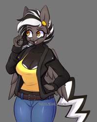 Size: 901x1133 | Tagged: safe, artist:handgunboi, imported from derpibooru, oc, oc only, oc:zephyrai, anthro, pegasus, accessory, belt, black and white mane, black coat, clothes, commission, denim, female, glasses, hand in pocket, jacket, jeans, midriff, pants, pegasus oc, shirt, solo, undershirt, yellow eyes