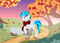 Size: 1441x1029 | Tagged: safe, artist:epicvon, imported from derpibooru, oc, oc only, unicorn, autumn, bench, clothes, grass, male, path, scarf, solo, stallion, tree