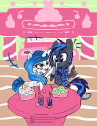 Size: 1677x2200 | Tagged: safe, artist:liechisenshi, imported from derpibooru, pegasus, pony, unicorn, blushing, chibi, cute, date, duo, food, ice cream