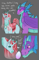 Size: 1888x2933 | Tagged: safe, artist:felinenostalgic, imported from derpibooru, ocellus, spike, changedling, changeling, dragon, blushing, changedling queen, changeling egg, female, gray background, male, older, older ocellus, older spike, quadrupedal spike, shipping, simple background, spikellus, straight, winged spike, wings