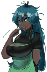 Size: 1267x1915 | Tagged: safe, artist:maren, imported from derpibooru, queen chrysalis, human, arm behind back, big breasts, breasts, busty queen chrysalis, cleavage, dark skin, doodle, eye clipping through hair, eyebrows, eyebrows visible through hair, female, humanized, looking at you, signature, simple background, smiling, smiling at you, solo, white background