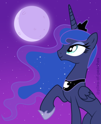 Size: 1584x1942 | Tagged: safe, artist:piles-of-peaches, imported from derpibooru, princess luna, alicorn, pony, female, jewelry, mare, moon, night, raised hoof, regalia, solo