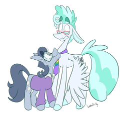 Size: 1323x1200 | Tagged: safe, artist:vampiredrooling, imported from derpibooru, feather flatterfly, silver shill, earth pony, pegasus, pony, colored hooves, duo, floppy ears, glasses, male, necktie, simple background, stallion, transparent background