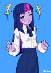 Size: 4134x5906 | Tagged: safe, artist:田园锄串子, imported from derpibooru, twilight sparkle, human, equestria girls, blinking, blue background, breasts, clothes, cute, delicious flat chest, female, flatlight sparkle, formal wear, humanized, japanese, laughing, one eye closed, simple background, skirt, small breasts, solo, sticker, tanabata festival, twiabetes, wink