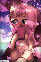 Size: 750x1125 | Tagged: safe, artist:lumineko, imported from derpibooru, fluttershy, pegasus, pony, crying, cute, daaaaaaaaaaaw, female, leaves, mare, older, older fluttershy, shyabetes, sitting, solo, tears of joy, tree