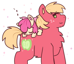 Size: 886x761 | Tagged: safe, artist:cutiesparke, imported from derpibooru, apple bloom, big macintosh, earth pony, pony, adorabloom, apple bloom riding big macintosh, apple bloom's bow, bow, brother and sister, chest fluff, cute, duo, eyes closed, female, freckles, green eyes, hair bow, hoof heart, lightly watermarked, lying down, lying on top of someone, macabetes, male, onomatopoeia, ponies riding ponies, riding, siblings, sleeping, sound effects, sparkles, standing, watermark, zzz