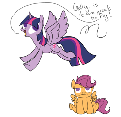 Size: 1600x1551 | Tagged: safe, artist:vanderlyle, imported from derpibooru, scootaloo, twilight sparkle, alicorn, pegasus, pony, 2013, :i, duo, female, filly, flying, foal, golly, mare, no pupils, old art, scootaloo can't fly, scootaloo is not amused, simple background, twibitch sparkle, twilight sparkle (alicorn), unamused, white background