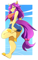 Size: 2800x4400 | Tagged: safe, artist:abysswatchers, imported from derpibooru, oc, oc only, anthro, earth pony, unguligrade anthro, ass, breasts, butt, clothes, earth pony oc, female, midriff, shorts, smiling, solo