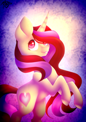 Size: 1200x1700 | Tagged: safe, artist:prettyshinegp, imported from derpibooru, oc, oc only, pony, unicorn, abstract background, horn, rearing, signature, smiling, solo, unicorn oc