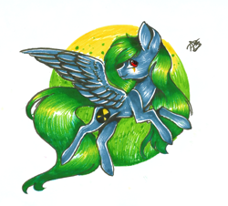 Size: 1477x1336 | Tagged: safe, artist:prettyshinegp, imported from derpibooru, oc, oc only, pegasus, pony, female, mare, pegasus oc, rearing, signature, smiling, solo, traditional art, wings