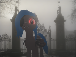 Size: 1440x1080 | Tagged: safe, artist:ramprover, imported from derpibooru, oc, oc only, oc:ldblue, bat pony, pony, 1000 years in photoshop, 3d, bat wings, eyepatch, fangs, female, fog, folded wings, glowing, glowing eyes, gmod, looking sideways, mare, outdoors, photo, solo, wings