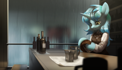 Size: 3156x1833 | Tagged: safe, artist:theprince, imported from derpibooru, oc, oc only, pony, unicorn, bar, bartender, bottle, clothes, commission, dexterous hooves, female, glass, mare, not lyra, rag, solo, vest, wine bottle