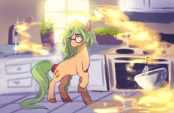 Size: 1224x792 | Tagged: safe, artist:aquagalaxy, imported from derpibooru, oc, oc only, oc:honey nevaeh, pony, unicorn, cooking, glasses, kitchen, solo