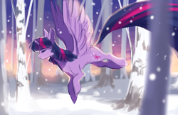 Size: 1224x792 | Tagged: safe, artist:aquagalaxy, imported from derpibooru, twilight sparkle, alicorn, pony, eyes closed, flying, forest, sketch, smiling, snow, snowfall, solo, spread wings, twilight sparkle (alicorn), wings, winter