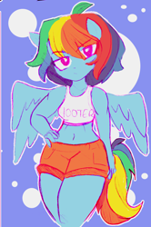 Size: 796x1199 | Tagged: safe, artist:gazzrr, imported from derpibooru, rainbow dash, anthro, pegasus, clothes, female, hooters, midriff, short hair, shorts, tanktop, tomboy