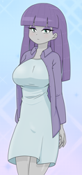 Size: 1183x2501 | Tagged: safe, alternate version, artist:batipin, imported from derpibooru, maud pie, human, equestria girls, arm behind back, bow, breasts, busty maud pie, curvy, female, hair bow, hourglass figure, looking at you, solo
