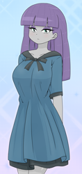 Size: 1183x2501 | Tagged: safe, alternate version, artist:batipin, imported from derpibooru, maud pie, human, equestria girls, arm behind back, bow, breasts, busty maud pie, curvy, female, hourglass figure, looking at you, solo