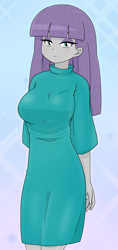Size: 1183x2501 | Tagged: safe, alternate version, artist:batipin, imported from derpibooru, maud pie, human, equestria girls, arm behind back, bow, breasts, busty maud pie, curvy, female, hourglass figure, looking at you, solo