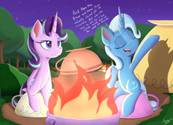 Size: 2000x1450 | Tagged: safe, artist:arcane-thunder, imported from derpibooru, starlight glimmer, sunburst, trixie, pony, unicorn, atg 2022, campfire, dialogue, duo focus, eyes closed, female, forest, male, mare, newbie artist training grounds, night, open mouth, open smile, sitting, smiling, stallion, starlight glimmer is not amused, stars, teacup, tent, that pony sure does love teacups, unamused