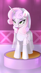 Size: 1080x1920 | Tagged: safe, artist:darksly, imported from derpibooru, sweetie belle, pony, unicorn, atg 2022, clothes, dress, female, lidded eyes, mare, newbie artist training grounds, older, older sweetie belle, smiling, solo, wedding dress