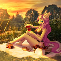 Size: 1272x1272 | Tagged: safe, artist:hellcat120, imported from derpibooru, fluttershy, anthro, pegasus, plantigrade anthro, alcohol, barefoot, basket, bedroom eyes, belly button, bikini, bottle, bread, breasts, busty fluttershy, butter, cheese, cherry, cleavage, clothes, detailed background, digital art, feet, female, food, glass, grass, herbivore, looking at you, peach, picnic, picnic basket, picnic blanket, pose, sitting, solo, stupid sexy fluttershy, swimsuit, thighs, tree, wide hips, wine, wine bottle, wine glass, wingless, wingless anthro