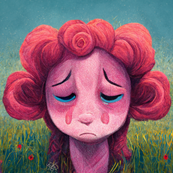 Size: 1024x1024 | Tagged: safe, imported from derpibooru, pinkie pie, ai content, ai generated, crying, generator:midjourney, meadow, solo