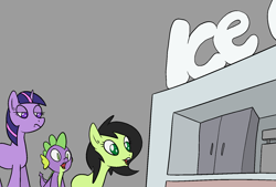 Size: 1602x1080 | Tagged: safe, artist:happy harvey, imported from derpibooru, spike, twilight sparkle, oc, oc:filly anon, dragon, earth pony, unicorn, annoyed, cash register, colored pupils, excited, female, filly, foal, food, freezer, gray background, ice cream, male, mare, phone drawing, poggers, simple background