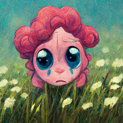 Size: 1024x1024 | Tagged: safe, imported from derpibooru, pinkie pie, ai content, ai generated, crying, generator:midjourney, meadow, solo