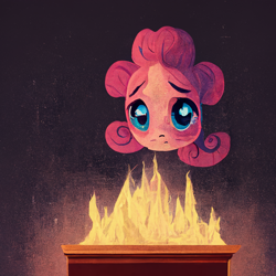 Size: 1024x1024 | Tagged: safe, imported from derpibooru, pinkie pie, ai content, ai generated, crying, fire, floating head, generator:midjourney, solo