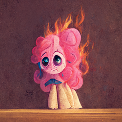Size: 1024x1024 | Tagged: safe, imported from derpibooru, pinkie pie, earth pony, pony, ai content, ai generated, crying, fire, generator:midjourney, on fire, sad, solo