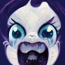 Size: 1024x1024 | Tagged: safe, imported from derpibooru, rarity, abomination, ai content, ai generated, crying, generator:midjourney, machine learning abomination, nightmare fuel, pharyngeal jaws, rarity crying with a big mouth with sharp teet, solo, teeth