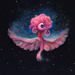 Size: 1024x1024 | Tagged: safe, imported from derpibooru, pinkie pie, abomination, ai content, ai generated, generator:midjourney, majestic as fuck, night, night sky, not salmon, sky, solo, stars, surreal, wat, wings