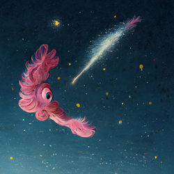 Size: 1024x1024 | Tagged: safe, imported from derpibooru, pinkie pie, abomination, ai content, ai generated, generator:midjourney, night, night sky, not salmon, sky, solo, stars, surreal, wat, wings
