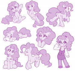 Size: 1920x1821 | Tagged: safe, artist:dstears, imported from derpibooru, pinkie pie, earth pony, pony, semi-anthro, adjusting glasses, alternate hairstyle, blouse, bust, butt, clothes, cute, diapinkes, eyes closed, female, flustered, glasses, head tilt, hooves to the chest, looking at you, looking back, looking back at you, lying down, monochrome, mouth hold, multeity, open mouth, open smile, pillow, plot, profile, prone, raised hoof, raised leg, shoes, sign, simple background, sitting, skirt, sleeping, smiling, standing, too much pink energy is dangerous, vest, waving, waving at you, white background