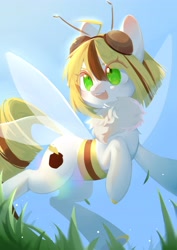Size: 2900x4096 | Tagged: safe, artist:dreamsugar, imported from derpibooru, oc, oc only, bee, insect, pony, antennae, eye clipping through hair, female, grass, mare, open mouth, outdoors, solo, wings