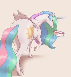 Size: 3251x3530 | Tagged: safe, artist:aquaticvibes, imported from derpibooru, princess celestia, alicorn, pony, butt, cake, cakelestia, cute, cutelestia, ethereal hair, ethereal mane, ethereal tail, eyes closed, female, folded wings, food, glowing, glowing horn, high res, hoers, horn, levitation, magic, magic aura, mare, plot, princess celestia is a horse, rear view, shadow, simple background, smiling, solo, sunbutt, tail, telekinesis, white background, wings