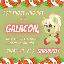 Size: 1080x1080 | Tagged: safe, artist:balychen, imported from derpibooru, oc, oc:milli, basil (food), caprese salad, eponafest, food, galacon, green background, heart, heart eyes, italy, mascot, mozzarella cheese, simple background, solo, tomato, wingding eyes