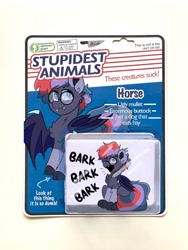 Size: 1154x1536 | Tagged: safe, artist:allicoot, imported from derpibooru, oc, oc only, bat pony, pony, bark, barking, chest fluff, freckles, glasses, obvious plant, photoshop, smiling, solo, spread wings, toy, wide eyes, wings
