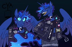 Size: 2092x1364 | Tagged: safe, artist:cyamallo, imported from derpibooru, princess luna, alicorn, anthro, insect, moth, :3, choker, clothes, ear piercing, earring, fishnets, heavy metal, jacket, jewelry, leather, leather jacket, lesbian pride flag, lidded eyes, metal, metalhead, midriff, moon lesbian, moon lesbian pride flag, open mouth, pentagram, piercing, pride, pride flag, sharp teeth, short hair, shorts, smiling, solo, spread wings, tanktop, teeth, wings