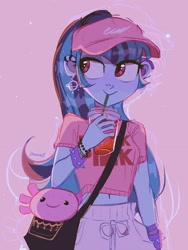 Size: 1536x2048 | Tagged: safe, artist:dreamz, imported from derpibooru, sonata dusk, axolotl, human, equestria girls, bag, belly button, bracelet, clothes, cup, cute, drink, drinking straw, ear piercing, earring, female, hat, jewelry, midriff, pants, piercing, plushie, shirt, soda, solo, sonatabetes, spiked wristband, sweatpants, t-shirt, wristband