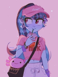 Size: 1536x2048 | Tagged: safe, alternate version, artist:dreamz, imported from derpibooru, sonata dusk, axolotl, human, equestria girls, bag, belly button, bracelet, clothes, cup, cute, drink, drinking straw, ear piercing, earring, female, hat, jewelry, midriff, pants, piercing, plushie, shirt, soda, solo, sonatabetes, spiked wristband, sweatpants, t-shirt, wristband