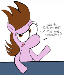 Size: 245x288 | Tagged: safe, artist:supermaster10, edit, imported from derpibooru, oc, oc only, oc:chuckle cake, earth pony, pony, confused, cropped, dialogue, drawn together, female, mare, simple background, text, white background