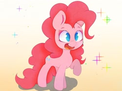 Size: 2000x1500 | Tagged: safe, artist:zokkili, imported from derpibooru, pinkie pie, earth pony, pony, colored eyelashes, cute, diapinkes, female, gradient background, mare, no pupils, open mouth, open smile, raised hoof, simple background, smiling, solo, sparkles, white background