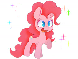 Size: 1280x960 | Tagged: safe, artist:zokkili, imported from derpibooru, pinkie pie, earth pony, pony, colored eyelashes, cute, diapinkes, female, mare, no pupils, open mouth, open smile, raised hoof, simple background, smiling, solo, sparkles, white background